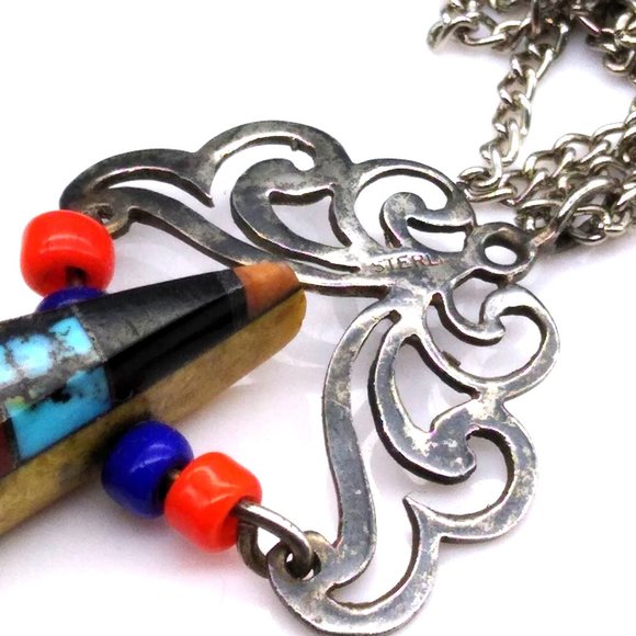 Vintage Stone Inlay Pendant with Jasper Base Sterling Silver Filigree Openwork - Picture 5 of 6